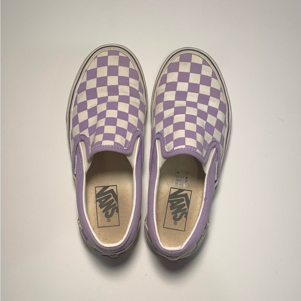 Purple and white checkered Vans